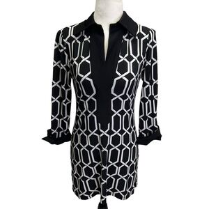 INC Black/White❤️Geometric Print Collared 3/4 Sleeve Mini Dress Size S